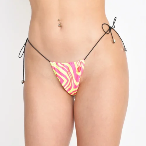 Hyp-Nautic Pink And Yellow Swirl Print String Bikini -Bold Sea Bikini Store Hyp Nautic String Bikini by Oh Lola Swimwear Side Tied G string Front View