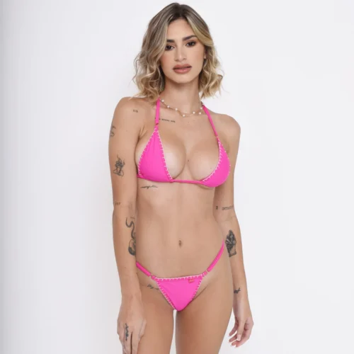 Lola’s Spell Pink Micro Bikini With Crochet White Trim