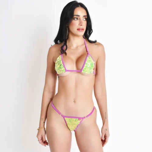 Mystic Neon Yellow Sequin Micro Bikini With Violet Straps