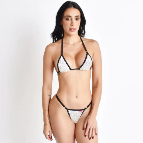 Pacific Pearl White Sequin Micro Bikini With Black Straps