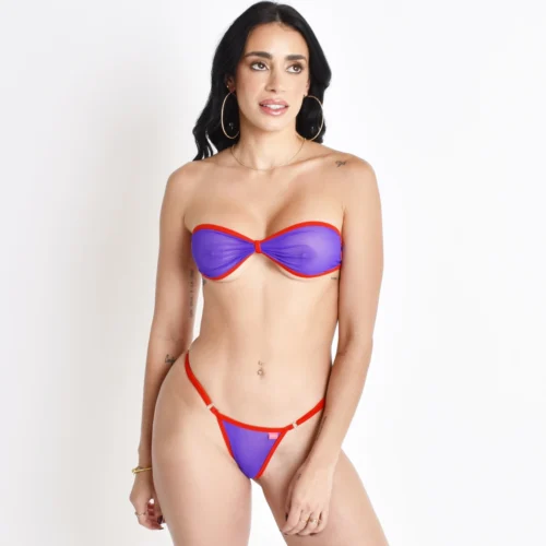Sunset Veil Sheer Bandeau Bikini With Purple Mesh And Red Straps