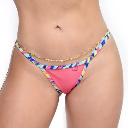 Vibrant Bloom Sheer Bikini – Pink -Bold Sea Bikini Store Vibrant Bloom Sheer Micro Bikini Pink Side Adjustable V String FRONT by Oh Lola Swimwear